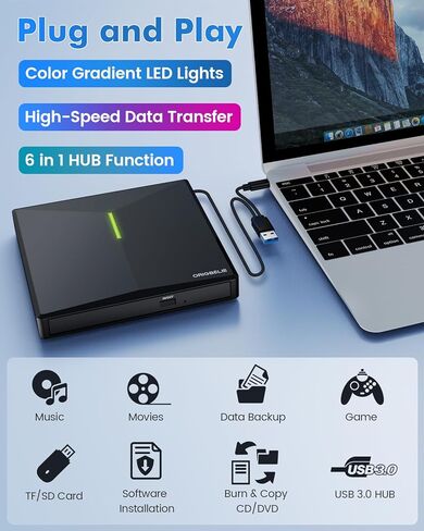 External CD/DVD Drive for Laptop, USB 3.0 CD Burner +/-RW CD ROM External DVD Drive Portable DVD Player for Laptop Desktop PC Apple Mac Windows 11/10/8/7/XP Linux OS in Saudi Arabia