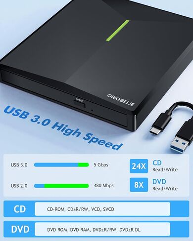 External CD/DVD Drive for Laptop, USB 3.0 CD Burner +/-RW CD ROM External DVD Drive Portable DVD Player for Laptop Desktop PC Apple Mac Windows 11/10/8/7/XP Linux OS in Saudi Arabia