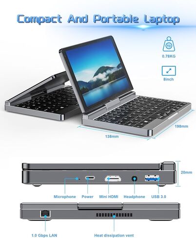 Mini Laptop Windows 11 Pro Computer 12GB LPDDR5 512GB SSD 2 in 1 PC 8 inch Touchscreen UHD Netbook Intel Alder Lake-N100 Processor with USB 3.0 Bluetooth 5.2 WiFi 6 in Kuwait