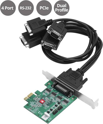SIIG DP CyberSerial 4S PCIe، 16550 UART، معدلات الباود تصل إلى 921 كيلوبت في الثانية، PCIe 2.0 x1 إلى 4X RS-232 Male 9-pin DB9، RS-232 5V أو 12V Power، ASIX AX99100 Chipset، Dual-Profile Brackets JJ-E40011-S5 in Saudi Arabia