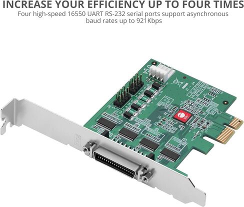 SIIG DP CyberSerial 4S PCIe، 16550 UART، معدلات الباود تصل إلى 921 كيلوبت في الثانية، PCIe 2.0 x1 إلى 4X RS-232 Male 9-pin DB9، RS-232 5V أو 12V Power، ASIX AX99100 Chipset، Dual-Profile Brackets JJ-E40011-S5 in Saudi Arabia