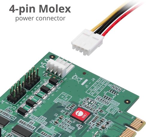 SIIG DP CyberSerial 4S PCIe، 16550 UART، معدلات الباود تصل إلى 921 كيلوبت في الثانية، PCIe 2.0 x1 إلى 4X RS-232 Male 9-pin DB9، RS-232 5V أو 12V Power، ASIX AX99100 Chipset، Dual-Profile Brackets JJ-E40011-S5 in Saudi Arabia