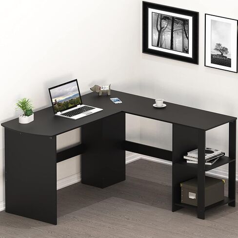 SHW L-Shaped Home Office Wood Corner Desk with 3 Drawers, Maple in Kuwait