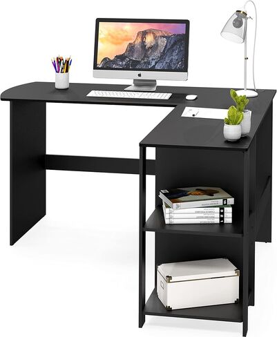 SHW L-Shaped Home Office Wood Corner Desk with 3 Drawers, Maple in Kuwait