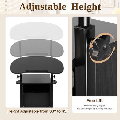 bimiti المحمول منبر المنصة ارتفاع قابل للتعديل مكتب الجلوس إلى الوقوف مع إمالة سطح المكتب وخزانة التخزين المتداول منبر عربة مكتب الكمبيوتر المحمول على عجلات، حامل المنصة للفصول الدراسية الكنيسة مكتب المنزل in Kuwait