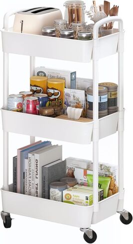 Sywhitta 3-Tier Plastic Rolling Utility Cart with Handle, Multi-Functional Storage Trolley for Office, Living Room, Kitchen, Movable Storage Organizer with Wheels, White in Saudi Arabia