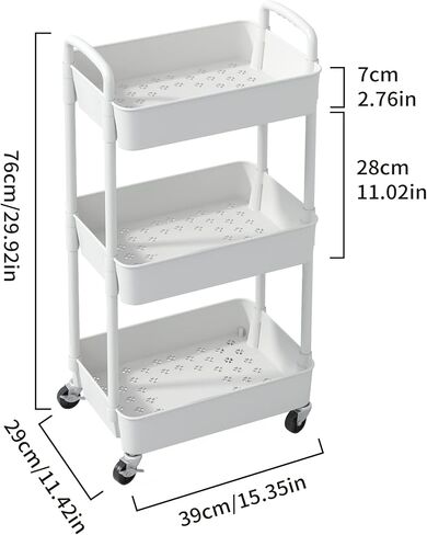 Sywhitta 3-Tier Plastic Rolling Utility Cart with Handle, Multi-Functional Storage Trolley for Office, Living Room, Kitchen, Movable Storage Organizer with Wheels, White in Saudi Arabia