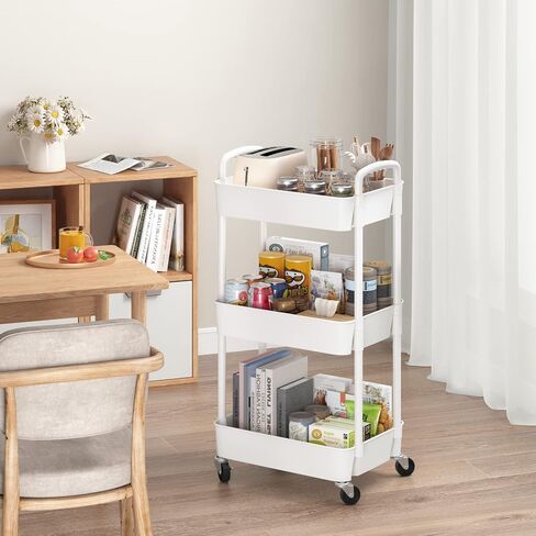 Sywhitta 3-Tier Plastic Rolling Utility Cart with Handle, Multi-Functional Storage Trolley for Office, Living Room, Kitchen, Movable Storage Organizer with Wheels, White in Saudi Arabia