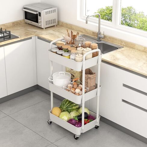 Sywhitta 3-Tier Plastic Rolling Utility Cart with Handle, Multi-Functional Storage Trolley for Office, Living Room, Kitchen, Movable Storage Organizer with Wheels, White in Saudi Arabia