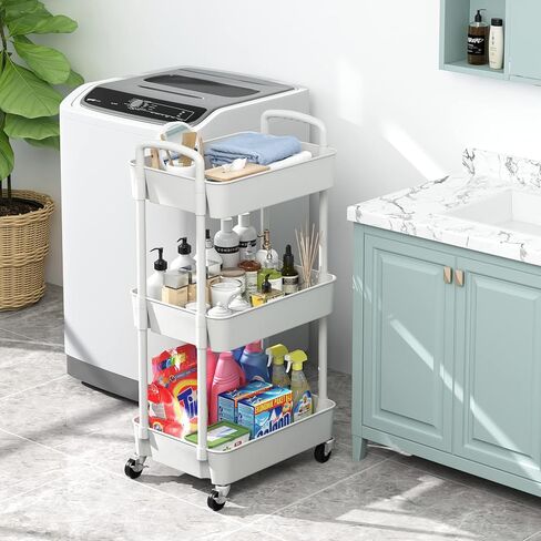 Sywhitta 3-Tier Plastic Rolling Utility Cart with Handle, Multi-Functional Storage Trolley for Office, Living Room, Kitchen, Movable Storage Organizer with Wheels, White in Saudi Arabia