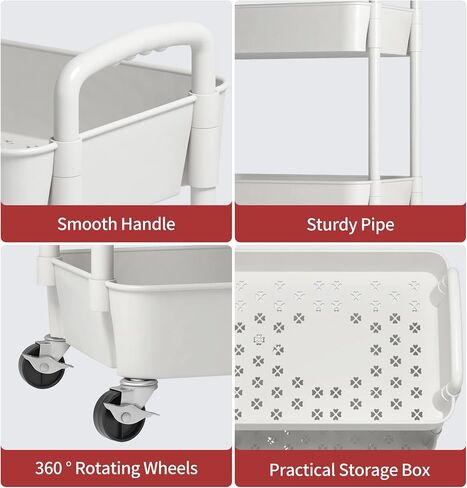 Sywhitta 3-Tier Plastic Rolling Utility Cart with Handle, Multi-Functional Storage Trolley for Office, Living Room, Kitchen, Movable Storage Organizer with Wheels, White in Saudi Arabia