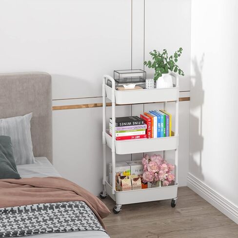 Sywhitta 3-Tier Plastic Rolling Utility Cart with Handle, Multi-Functional Storage Trolley for Office, Living Room, Kitchen, Movable Storage Organizer with Wheels, White in Saudi Arabia