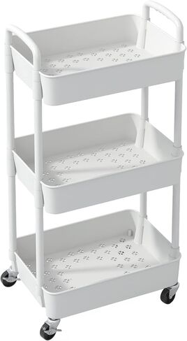 Sywhitta 3-Tier Plastic Rolling Utility Cart with Handle, Multi-Functional Storage Trolley for Office, Living Room, Kitchen, Movable Storage Organizer with Wheels, White in Saudi Arabia