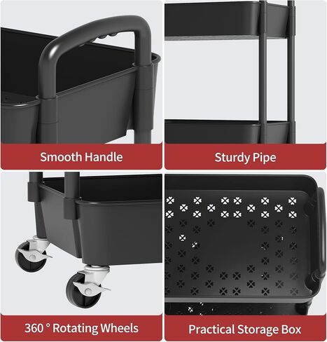 Sywhitta 3-Tier Plastic Rolling Utility Cart with Handle, Multi-Functional Storage Trolley for Office, Living Room, Kitchen, Movable Storage Organizer with Wheels, White in Kuwait