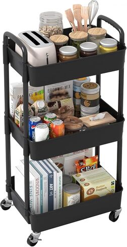 Sywhitta 3-Tier Plastic Rolling Utility Cart with Handle, Multi-Functional Storage Trolley for Office, Living Room, Kitchen, Movable Storage Organizer with Wheels, White in Kuwait