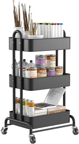 Ceayell 3-Tier Metal Rolling Storage Cart Heavy Duty Utility Cart Organizer with Lockable Wheels Black in Saudi Arabia