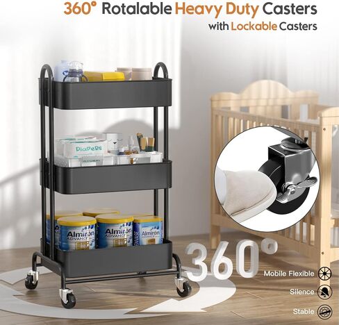 Ceayell 3-Tier Metal Rolling Storage Cart Heavy Duty Utility Cart Organizer with Lockable Wheels Black in Saudi Arabia