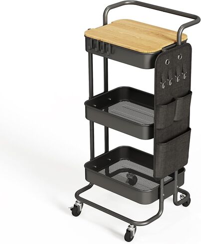 DTK 3 Tier Metal Utility Rolling Cart with Table Top and Side Bags, Tray Storage Organizer Wheels, Art Craft 4 Hooks for Kitchen Bathroom Office Living Room (Black) in Kuwait