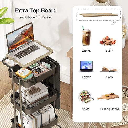 DTK 3 Tier Metal Utility Rolling Cart with Table Top and Side Bags, Tray Storage Organizer Wheels, Art Craft 4 Hooks for Kitchen Bathroom Office Living Room (Black) in Kuwait