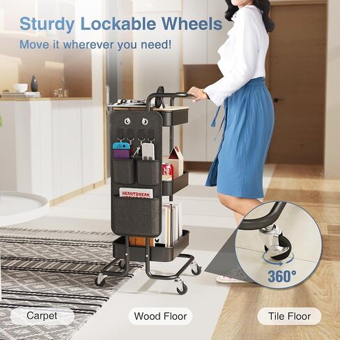 DTK 3 Tier Metal Utility Rolling Cart with Table Top and Side Bags, Tray Storage Organizer Wheels, Art Craft 4 Hooks for Kitchen Bathroom Office Living Room (Black) in Kuwait