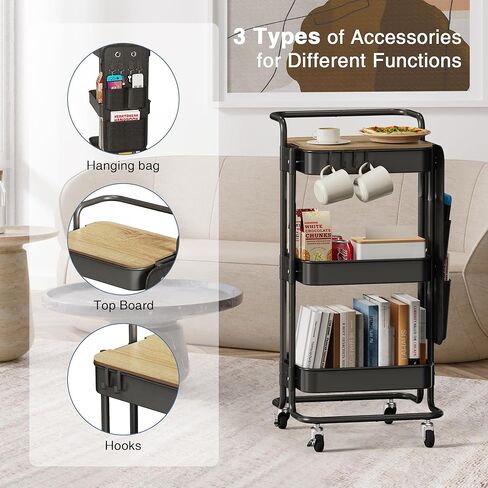 DTK 3 Tier Metal Utility Rolling Cart with Table Top and Side Bags, Tray Storage Organizer Wheels, Art Craft 4 Hooks for Kitchen Bathroom Office Living Room (Black) in Kuwait