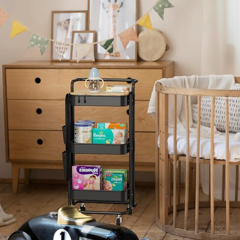 DTK 3 Tier Metal Utility Rolling Cart with Table Top and Side Bags, Tray Storage Organizer Wheels, Art Craft 4 Hooks for Kitchen Bathroom Office Living Room (Black) in Kuwait