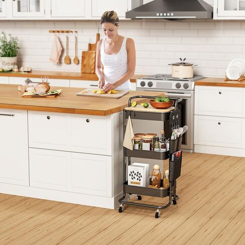 DTK 3 Tier Metal Utility Rolling Cart with Table Top and Side Bags, Tray Storage Organizer Wheels, Art Craft 4 Hooks for Kitchen Bathroom Office Living Room (Black) in Kuwait