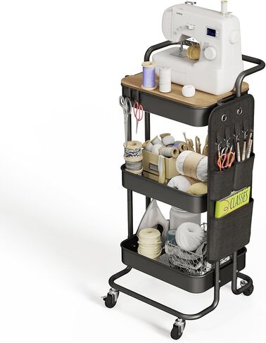 DTK 3 Tier Metal Utility Rolling Cart with Table Top and Side Bags, Tray Storage Organizer Wheels, Art Craft 4 Hooks for Kitchen Bathroom Office Living Room (Black) in Kuwait