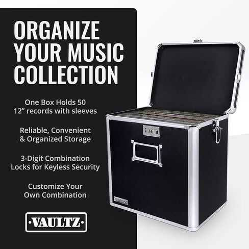 صندوق تخزين تسجيلات الفينيل من Vaultz - قفل ومنظم ألبوم 50 - بديل رائع لصندوق LP الواهي - 14.4 × 13.4 × 9.6 بوصة - أسود in Kuwait