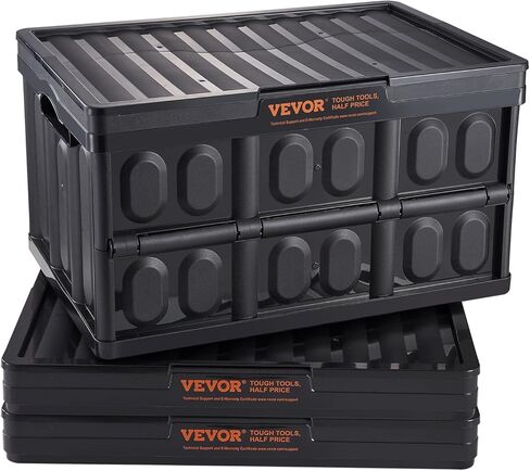 VEVOR 65L Collapsible Storage Bins with Lids 3 Packs, Stackable Utility Crates with Handles, Large Folding Containers for Organizing Tools, Books, Food, Drinks, Camping&Transport in Saudi Arabia