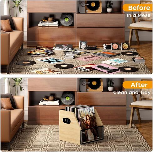 تخزين تسجيلات الفينيل Homeiju، صندوق صندوق تسجيل الفينيل، حامل ألبوم سجل الفينيل، صندوق تسجيل LP معدني وخشبي لسطح المكتب، يحمل ما يصل إلى 60 سجلًا in Kuwait