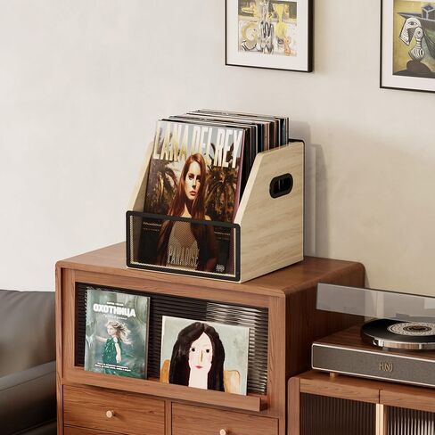 تخزين تسجيلات الفينيل Homeiju، صندوق صندوق تسجيل الفينيل، حامل ألبوم سجل الفينيل، صندوق تسجيل LP معدني وخشبي لسطح المكتب، يحمل ما يصل إلى 60 سجلًا in Kuwait