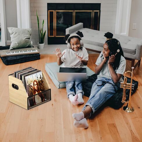 تخزين تسجيلات الفينيل Homeiju، صندوق صندوق تسجيل الفينيل، حامل ألبوم سجل الفينيل، صندوق تسجيل LP معدني وخشبي لسطح المكتب، يحمل ما يصل إلى 60 سجلًا in Kuwait