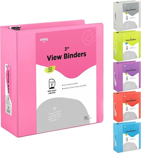 3 Inch 3 Ring Binder Pink, Slant D-Ring 3" Clear View Cover with 2 Inside Pockets, Heavy Duty Colored School Supplies Office and Home Binders – by Enday in Saudi Arabia