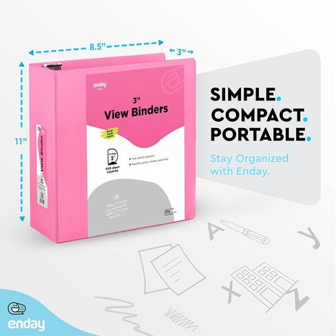 3 Inch 3 Ring Binder Pink, Slant D-Ring 3" Clear View Cover with 2 Inside Pockets, Heavy Duty Colored School Supplies Office and Home Binders – by Enday in Saudi Arabia
