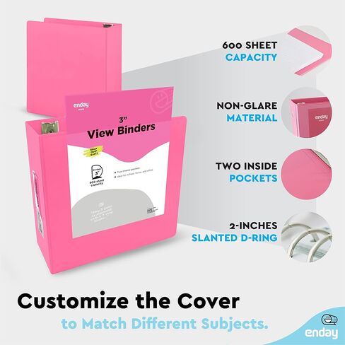 3 Inch 3 Ring Binder Pink, Slant D-Ring 3" Clear View Cover with 2 Inside Pockets, Heavy Duty Colored School Supplies Office and Home Binders – by Enday in Saudi Arabia