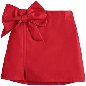 Girl's Solid High Waist Split Hem PU Leather Skirt Cute Bow Front Regular Skirt Red 4Y in Saudi Arabia