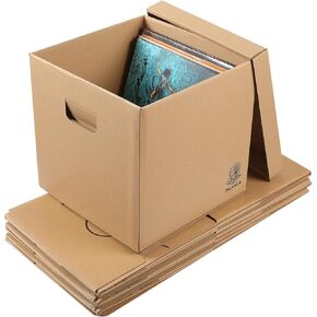 12"" Vinyl Record Storage and Moving Box - Sturdy Cardboard with Removable Lid - Holds up to 60 Records or Laser Discs - Set of 4 Boxes (4) (4), Kraft