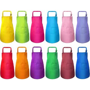 12Pcs Kids Chef Aprons Bulk, Child Aprons Art Aprons Set, Adjustable Children Chef Aprons with 2 Pockets for Boys Girls Cooking Painting, 12 Color(L for 7-13 Age)