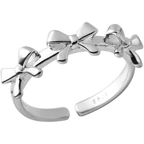 Dtja Cute Bow 925 Sterling Silver Adjustable Ring for Women Lovely Bowknot Holiday Statement Open Wrap Finger Rings Comfort Fit Fashion Promise Wedding Valentine Jewelry Gift