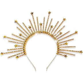 JeVenis Gold Stars Headpiece Zip Tie Headband Halo Crown Rhinestone Headband Sunburst Headband for Cosplay Wedding Festival New Year Eve