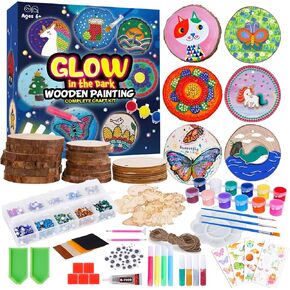 Minetom Kids Wooden Painting Kit-Glow in The Dark，26 pcs Wood Slice Craft Activities Kits-Arts & Crafts Gifts for Boys Girls Ages 5-12,Creative Art Toys for 5, 6, 7, 8, 9, 10, 11 & 12 Year Old Kids