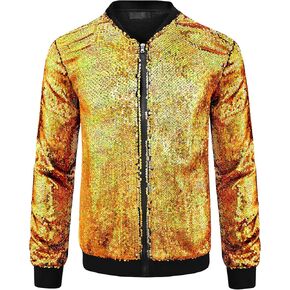 Lars Amadeus Sequin Jacket for Men's Zip Up Long Sleeves Party Disco Sparkly Bomber Jacket