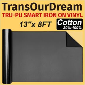 TransOurDream Tru-PU Smart Iron On Vinyl 13in x 8ft for Maker 3, Explore 3, AIR 2, Cameo, Matte Black Heat Transfer Vinyl for T-Shirts, Matless Cutting for Long cuts, Thinner, Soft, Sticky