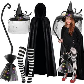 Bonuci 4 Pcs Halloween Witch Costume Set Including Witch Hat with Veils Feathers Lighted Witch Broom Striped Tights Long Velvet Poncho for Women Cosplay Accessory