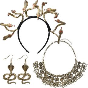 Jutom Medusa Style Snake Headband Multi Layered Snake Choker Necklace Snake Earrings, Halloween Medusa Cosplay Costume Accessories Necklace Jewelry Long Snake Earrings for Women Halloween Masquerade