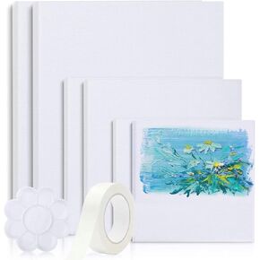Canvases for Painting, 40x30,30x20, 20x15, 8 Set Stretched White Canvas with Petal Paint Tray Palettes & Tape, Artist Canvases Frame Board Panels, Cotton Canvas for Oil, Acrylic, Watercolor