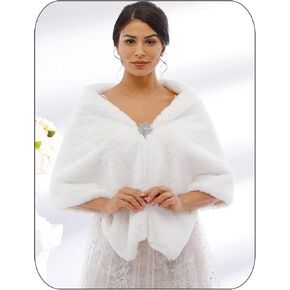 Women Wedding White Faux Fur Shawl and Wrap Bridal Stole Cape Sleeveles Shrug Scarf for Brides and Bridesmaids