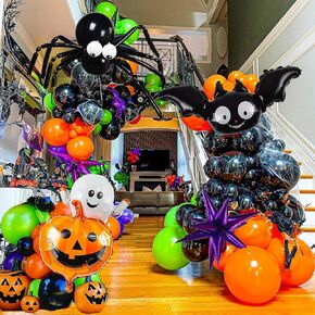 Halloween Balloon Garland Arch Ki Orange and Black Purple green balloons with Cute Bat Pumpkin foil Balloons DIY Spider web for kid friendly Halloween themed Party Decorations