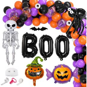 Black Orange Purple Halloween Balloons Garland Arch Kit, 129pcs 5/10/12/18 Inch Halloween Balloons Decorations with Pumpkin Skull Bat Ghost Letter Foil Balloons for Halloween Birthday Party Supplies